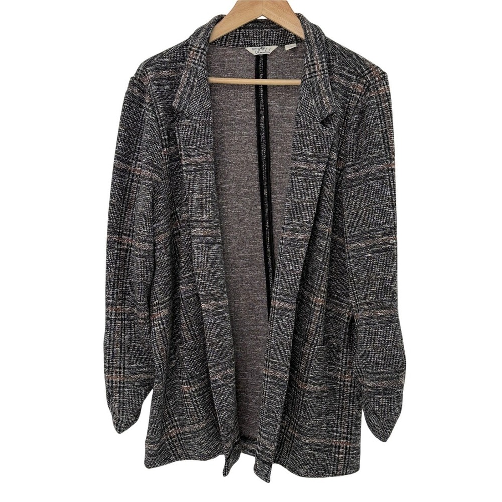 Caffe Marrakesh Womens Plaid Open Front Blazer‎ Ruched 3/4 Sleeve Grey Large